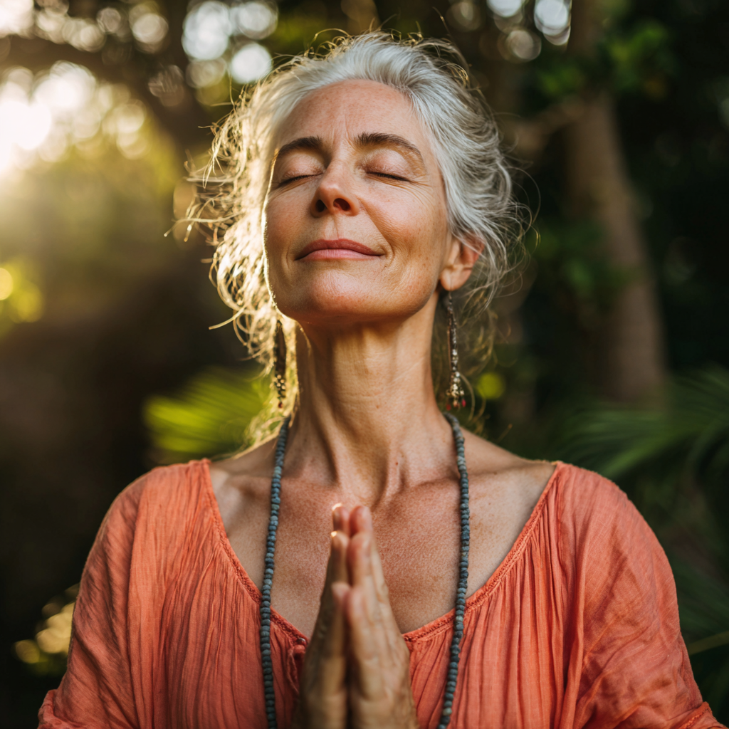 Спокойна жена на 55 години практикува йога в медитативна поза сред природата