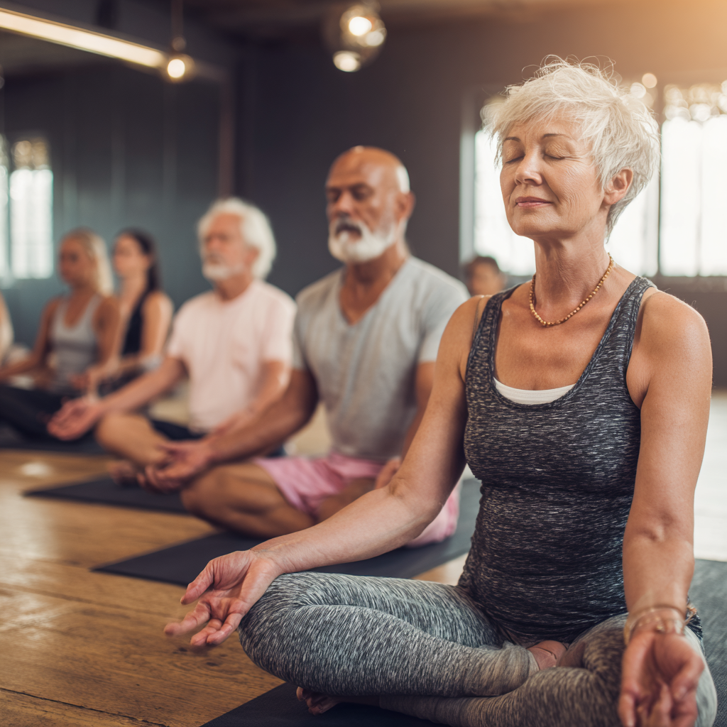 Група възрастни хора между 50-60 години практикуват йога в спокойна студия