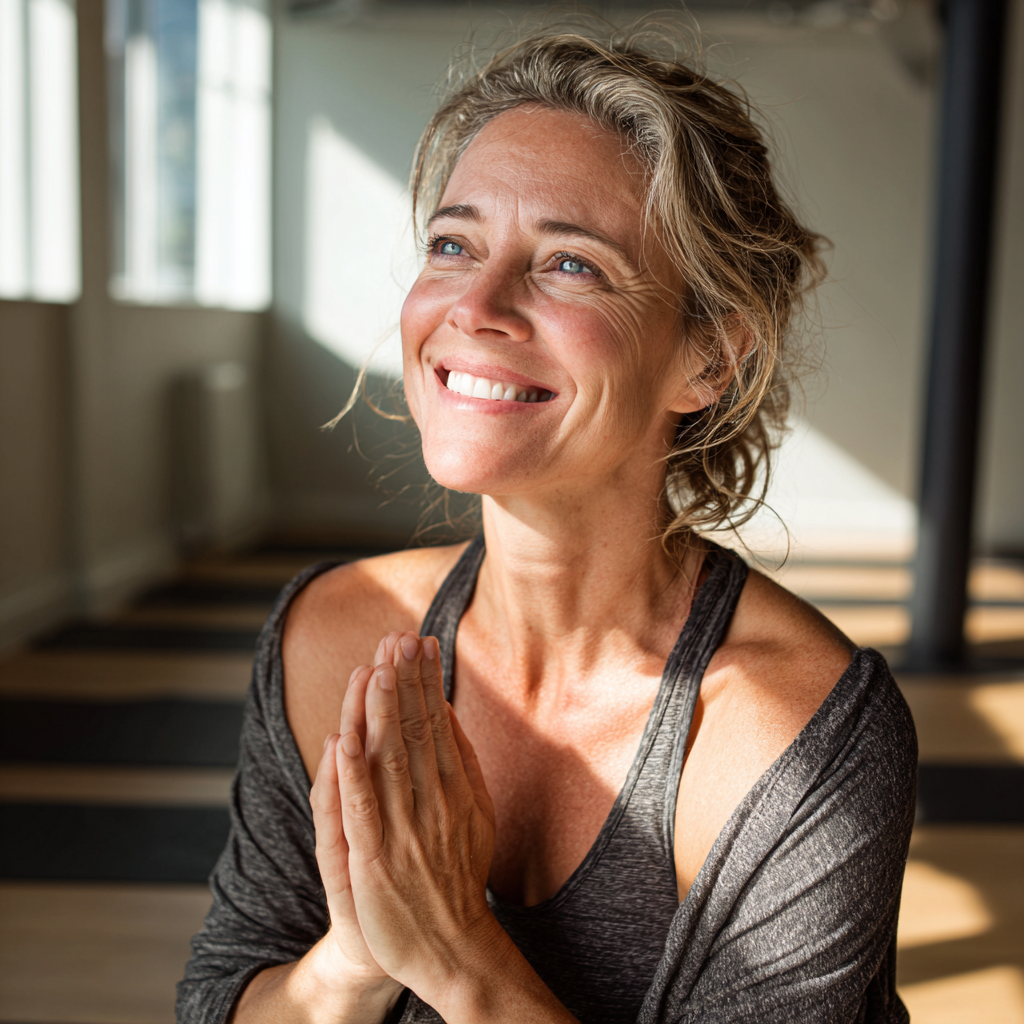 Усмихната жена на 52 години се подготвя за първия си йога урок в светла студия